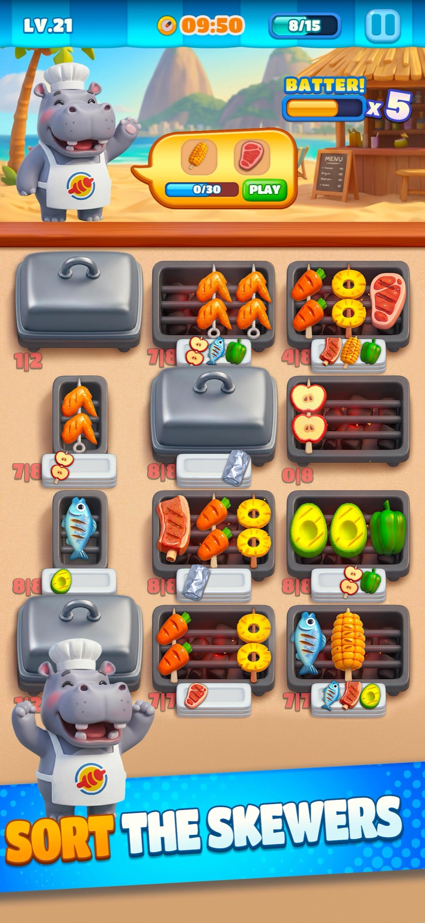 BoBos Sizzle Match screenshot — Sort the skewers